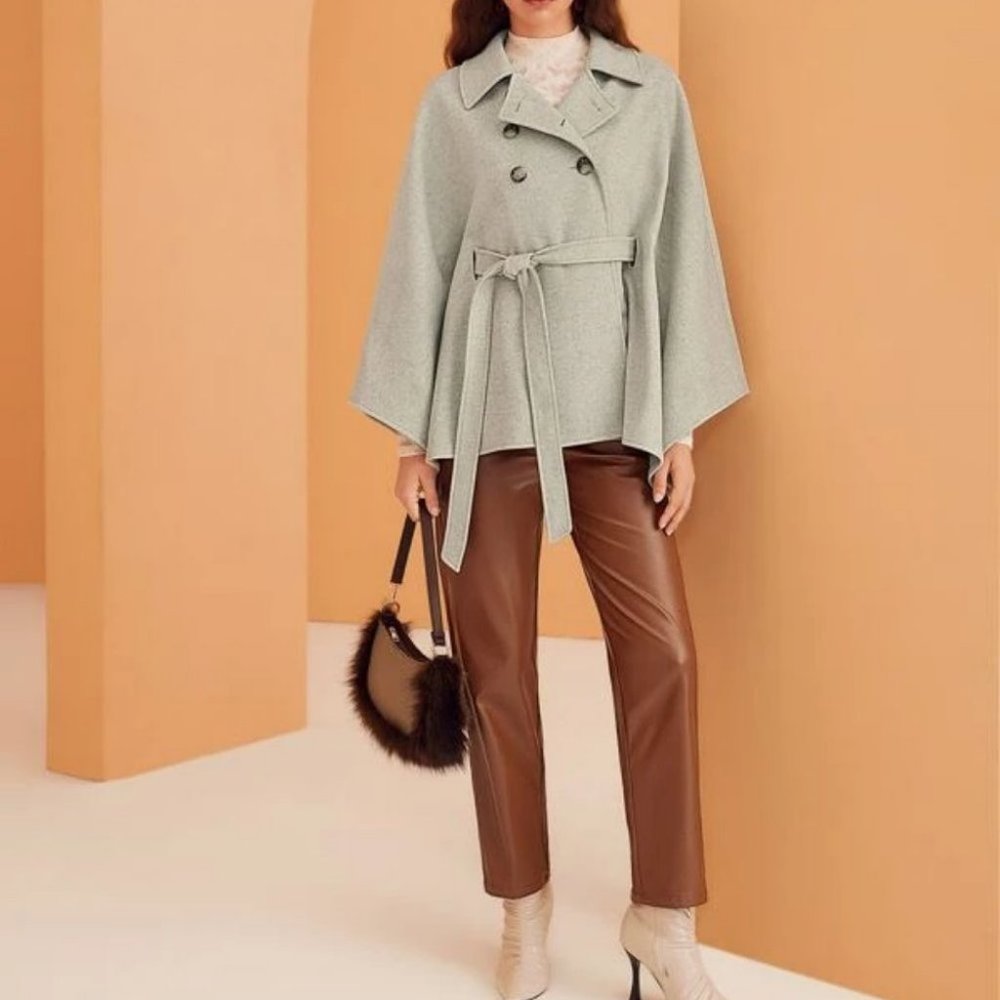 Double Breasted Cloak Sleeve Belted Jacket Cape Overcoat - Picture 8 of 9